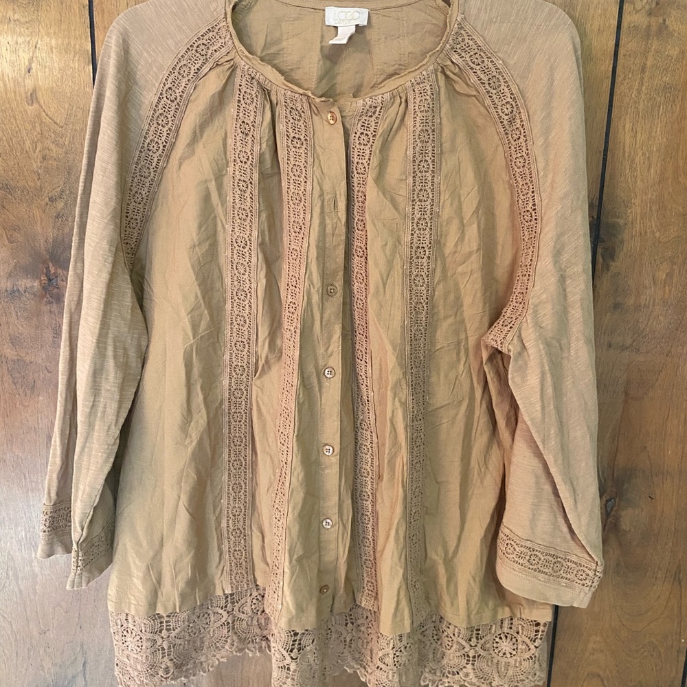 Lavish Tan Crochet-Trim Button Front Blouse